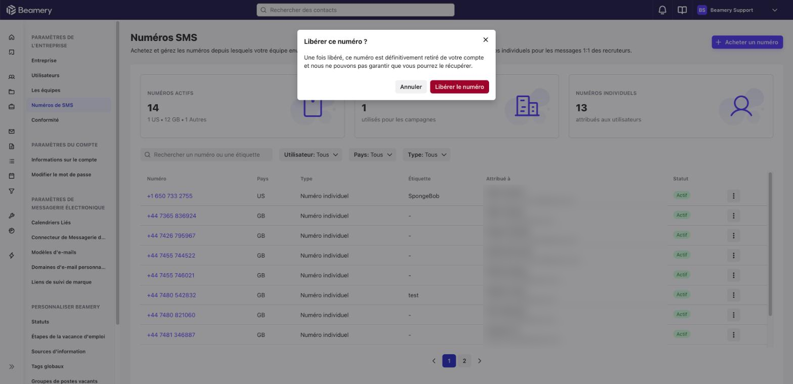 Fenêtre de confirmation Libérer ce numéro ? avec les boutons Annuler et Libérer le numéro