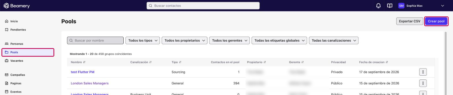 Lista de Pools con la pestaña Pools y el botón Crear pool resaltados