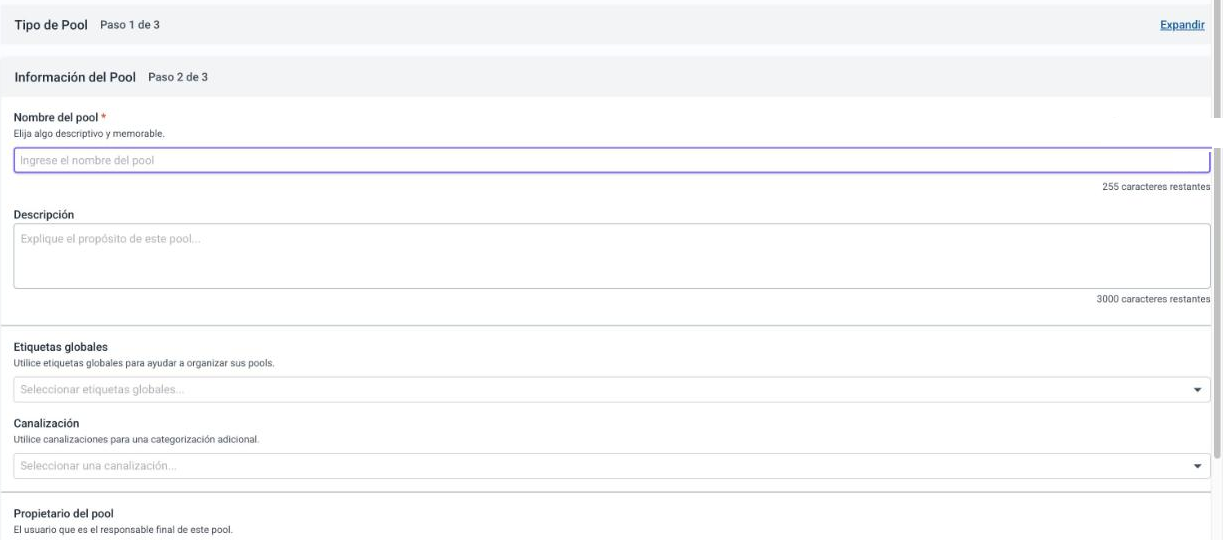 Paso Información del Pool con el nombre, la descripción, las etiquetas globales, la canalización y el propietario del pool
