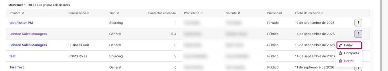 Menú de acciones de un Pool con la opción Editar resaltada