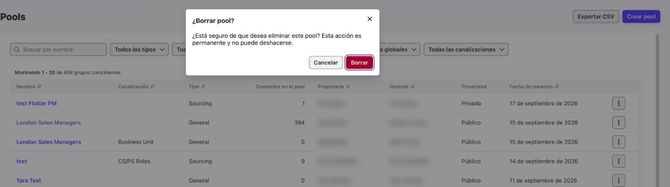 Ventana de confirmación ¿Borrar pool? con los botones Cancelar y Borrar