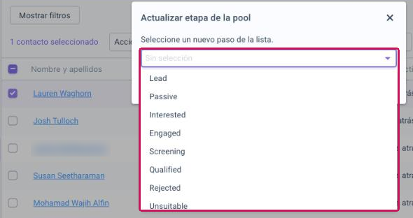 Ventana Actualizar etapa de la pool con la lista de pasos disponibles