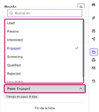 Espacio de trabajo Pools del perfil con el menú desplegable Paso abierto