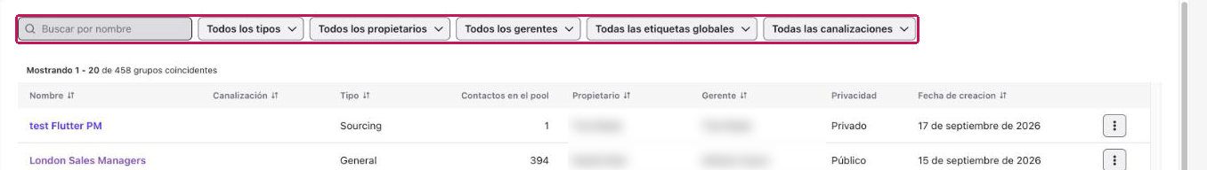Cuadro de búsqueda y filtros desplegables de la lista de Pools
