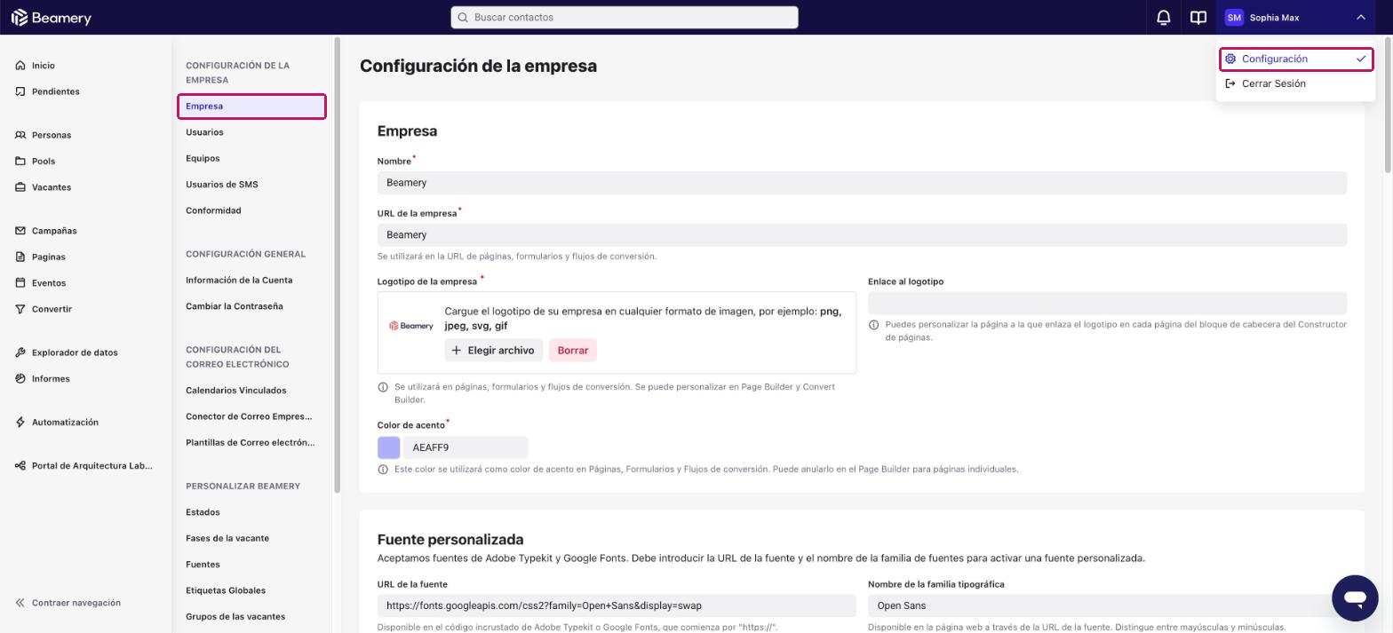 Página Configuración de la empresa con el menú de usuario abierto y la opción Configuración y el elemento Empresa resaltados