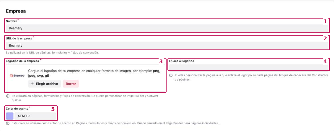 Sección Empresa de la página Configuración de la empresa con los campos Nombre, URL de la empresa, Logotipo de la empresa, Enlace al logotipo y Color de acento numerados del 1 al 5