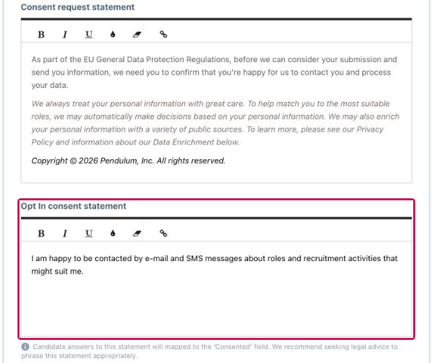 Página Edit Compliance con el campo Opt In consent statement resaltado, que incluye el correo electrónico y los SMS