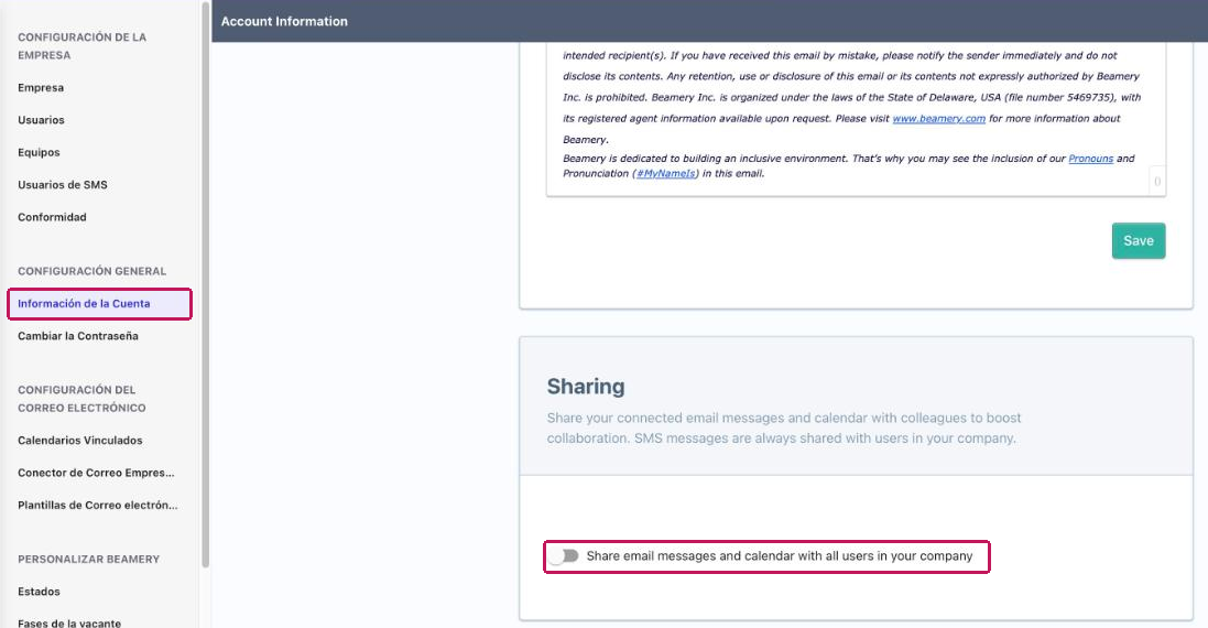 Sección Sharing de la página Account Information con la opción para compartir los correos electrónicos y el calendario resaltada