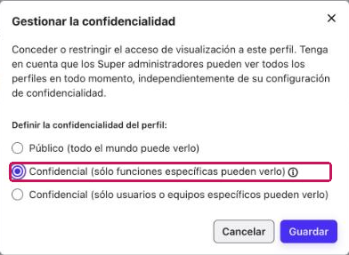 Ventana Gestionar la confidencialidad con la opción Confidencial (sólo funciones específicas pueden verlo) seleccionada