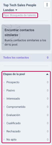 Panel de un Pool de tipo Búsqueda de talento con el tipo y las etapas de la pool resaltados