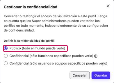 Ventana Gestionar la confidencialidad con la opción Público seleccionada
