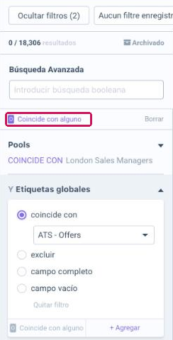 Panel de filtros con dos filtros aplicados y el botón de lógica entre filtros resaltado