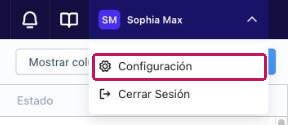 Menú de usuario abierto con la opción Configuración resaltada