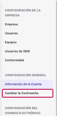 Barra lateral de Configuración con la opción Cambiar la Contraseña resaltada