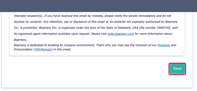 Zona EMAIL SIGNATURE de la página Account Information con el botón Save resaltado