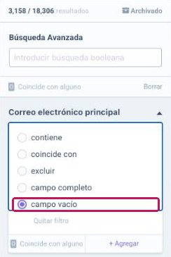 Filtro Correo electrónico principal con la opción campo vacío seleccionada