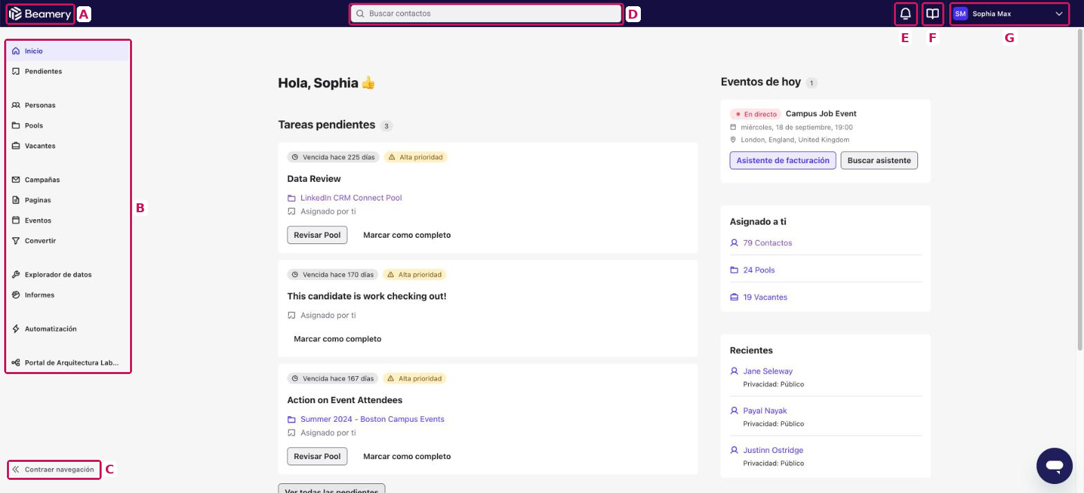 Página de inicio de Beamery con los elementos de navegación marcados de la A a la G