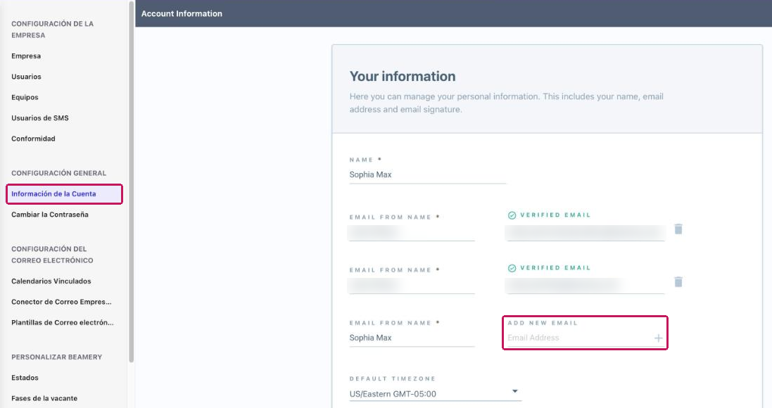 Página Información de la Cuenta en Configuración con el campo Add New Email resaltado