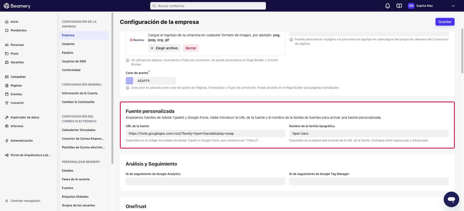 Configuración de la empresa con la sección Fuente personalizada resaltada