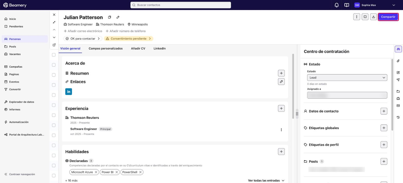 Perfil de un contacto con el botón Compartir resaltado
