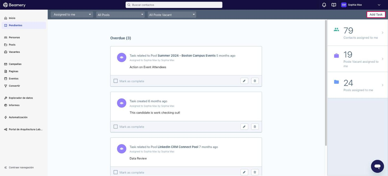 Página de tareas con el botón Add Task resaltado