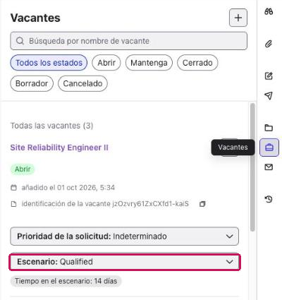 Espacio de trabajo Vacantes de un perfil con la etapa del candidato en la vacante