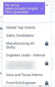 Lista desplegable de filtros guardados abierta