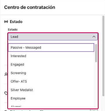 Lista desplegable Estado abierta en el Centro de contratación