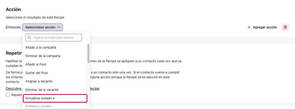 Acción de Recipe Actualizar estado a resaltada