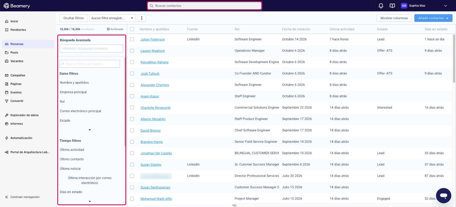 Página Personas con la barra Buscar contactos y el panel de filtros resaltados