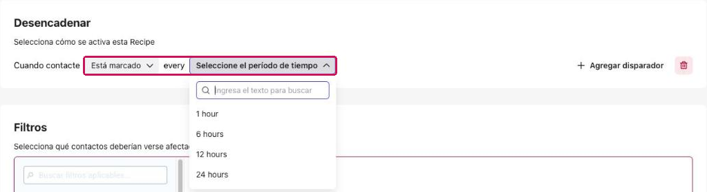 Desencadenante Cuando contacte Está marcado con la lista de períodos de tiempo abierta