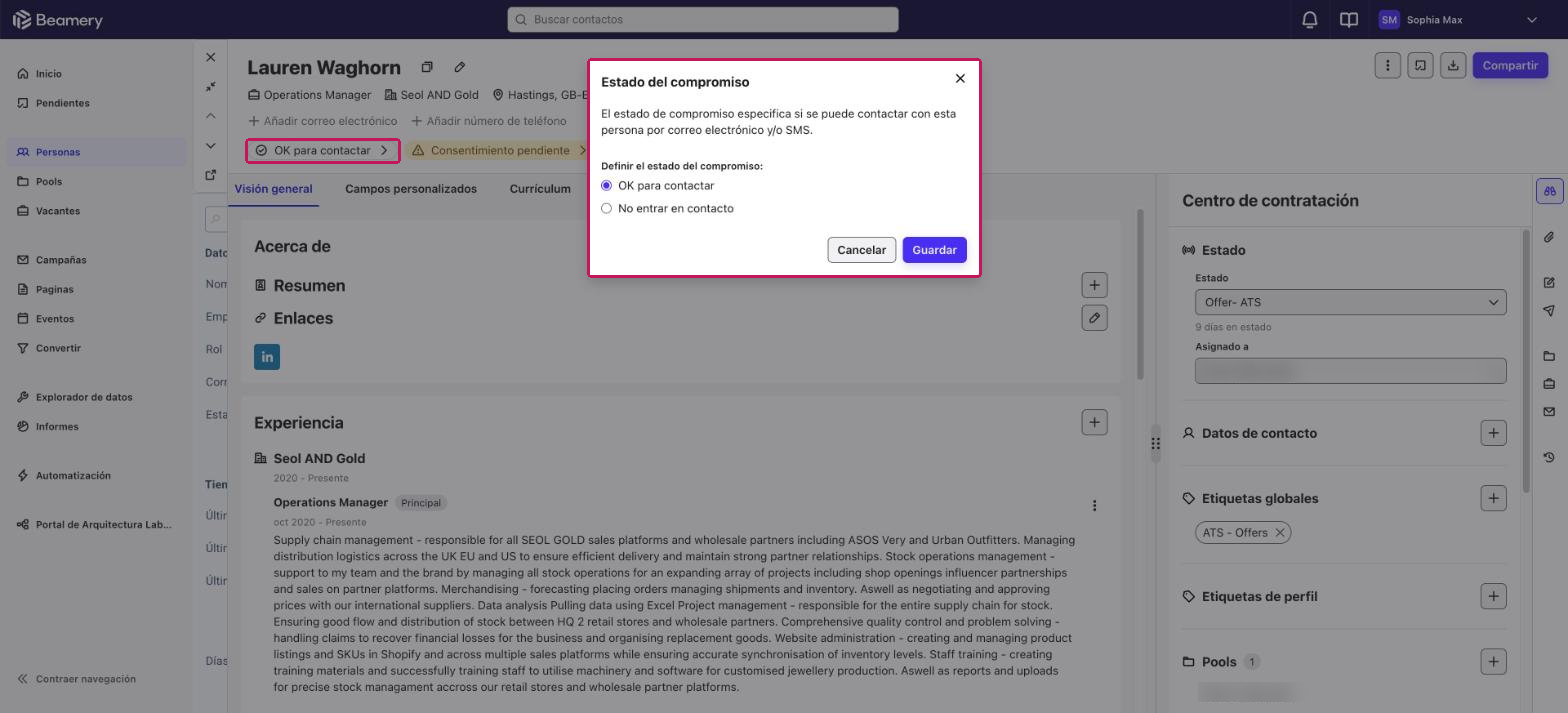 Estado del compromiso OK para contactar en la parte superior del perfil y ventana Estado del compromiso abierta