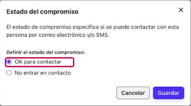 Ventana Estado del compromiso con la opción OK para contactar seleccionada