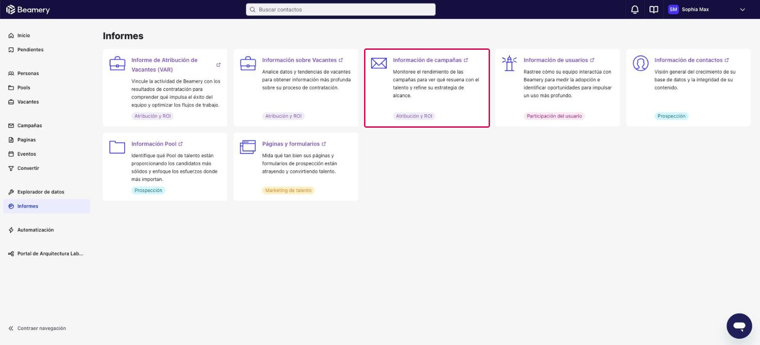 Página Informes con la tarjeta Información de campañas resaltada