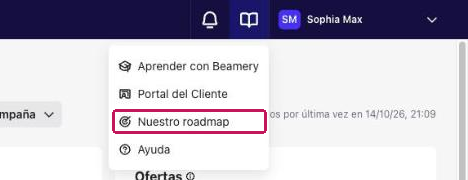 Menú del icono del libro con la opción Nuestro roadmap resaltada