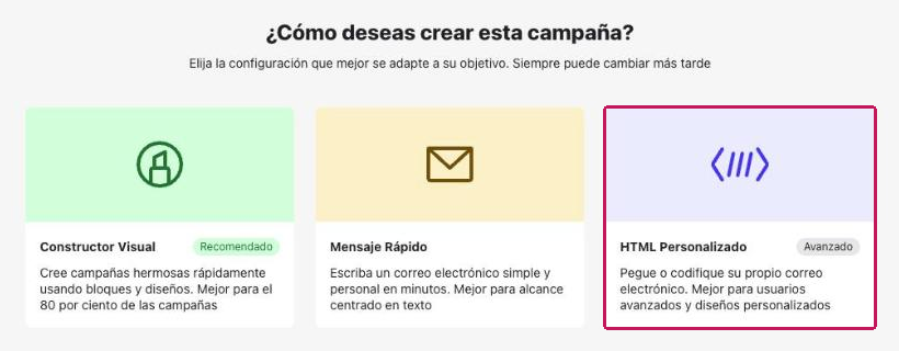 Pantalla ¿Cómo deseas crear esta campaña? con la opción HTML Personalizado resaltada