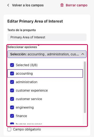 Lista desplegable Seleccionar opciones de un campo de preferencia