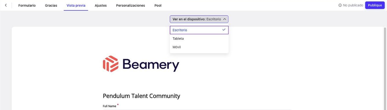 Pestaña Vista previa con la lista Ver en el dispositivo