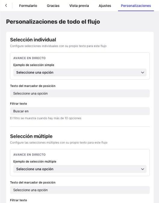 Pestaña Personalizaciones con las personalizaciones de todo el flujo