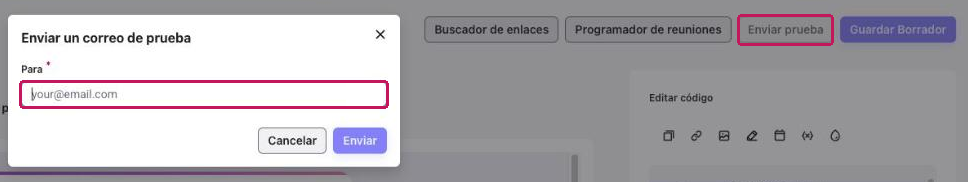 Ventana Enviar un correo de prueba abierta desde el botón Enviar prueba