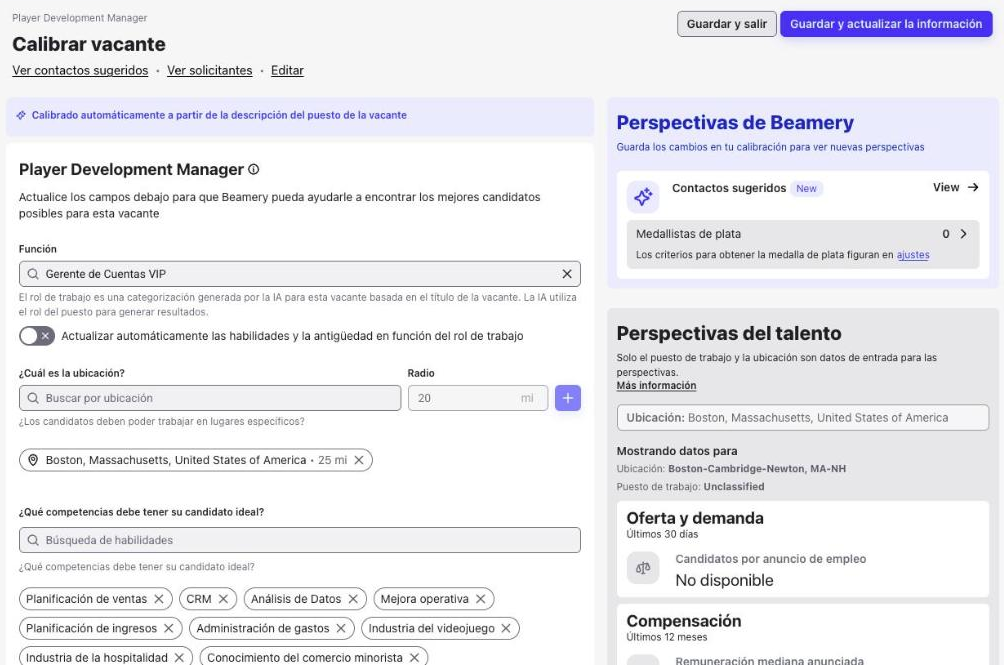 Página Calibrar vacante con el panel Perspectivas de Beamery