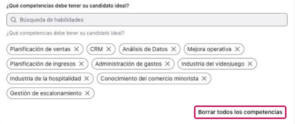 Sección de competencias con el enlace Borrar todos los competencias resaltado