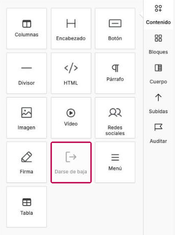Bloque de contenido Darse de baja en la pestaña Contenido del Constructor Visual