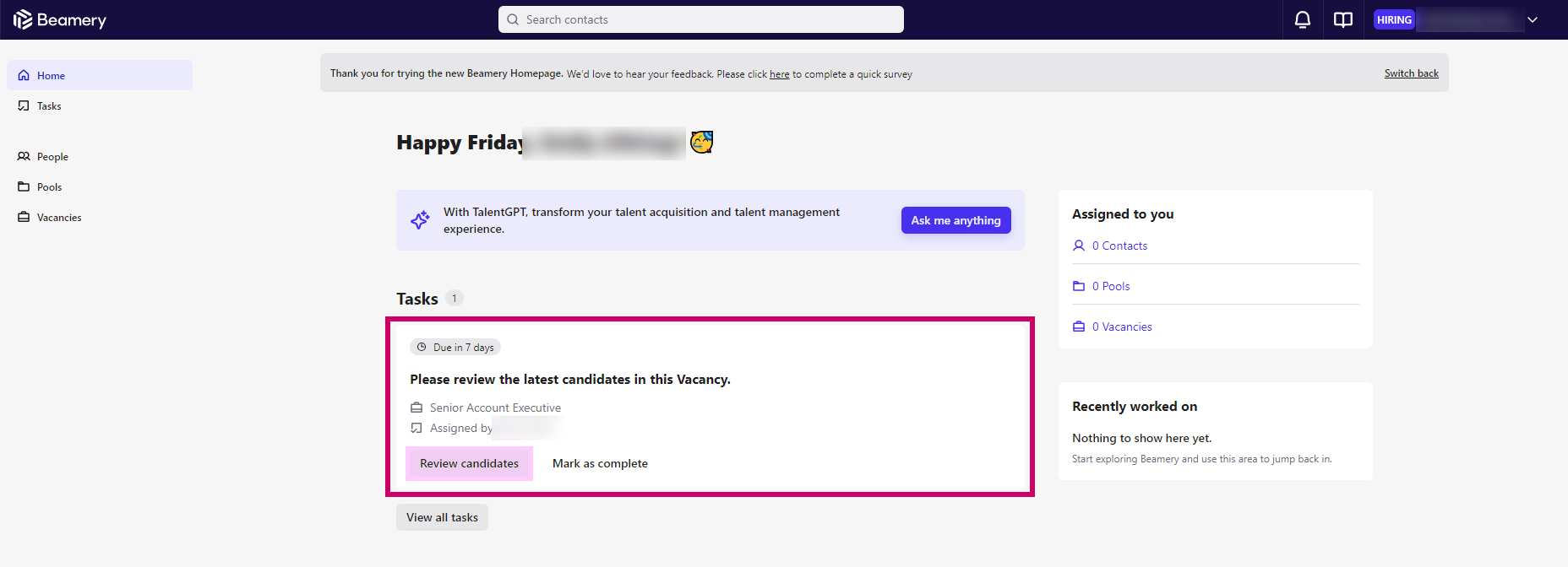 Correo electrónico recibido por el Hiring Manager