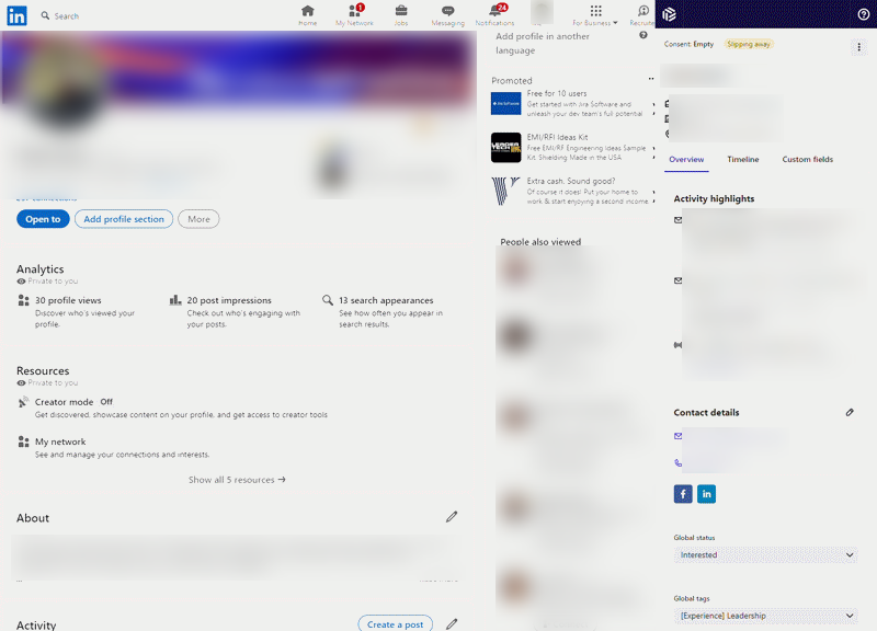 Profil LinkedIn avec l’Extension Beamery ouverte à droite, affichant les détails du contact