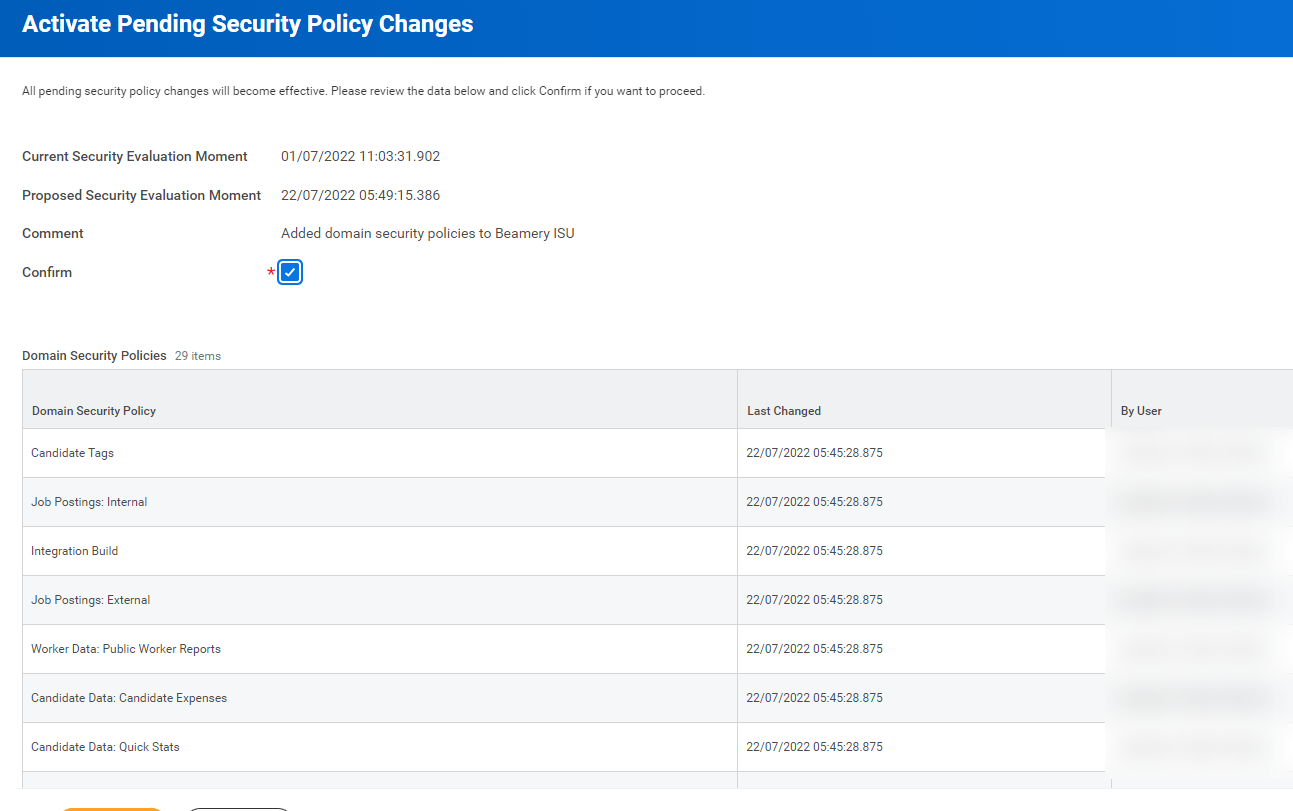 Liste Workday des modifications de sécurité avec la case « Confirm » et le bouton OK