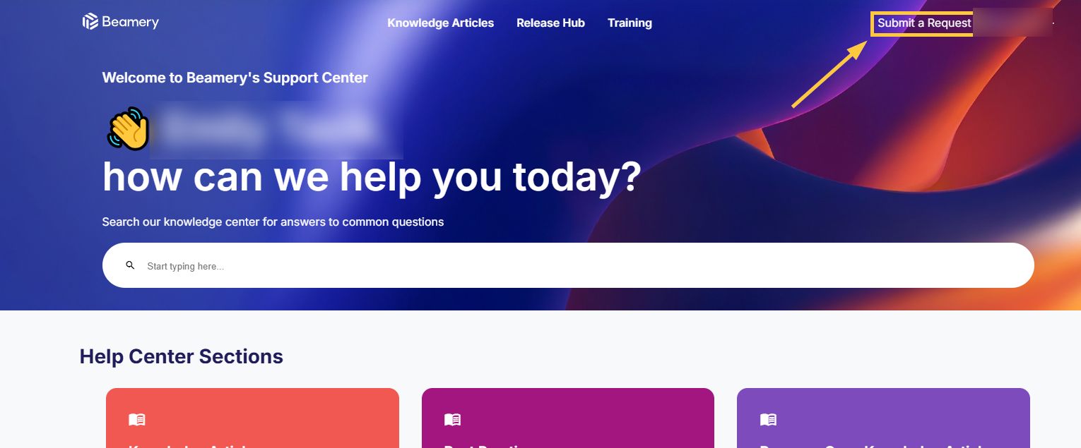Page d’accueil du centre d’assistance Beamery avec le lien Submit a Request mis en évidence