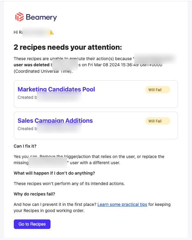 E-mail de notification indiquant que des Recipes vont échouer après la suppression d’un utilisateur