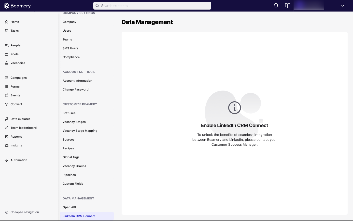 Page Data Management avant l’activation de LinkedIn CRM Connect