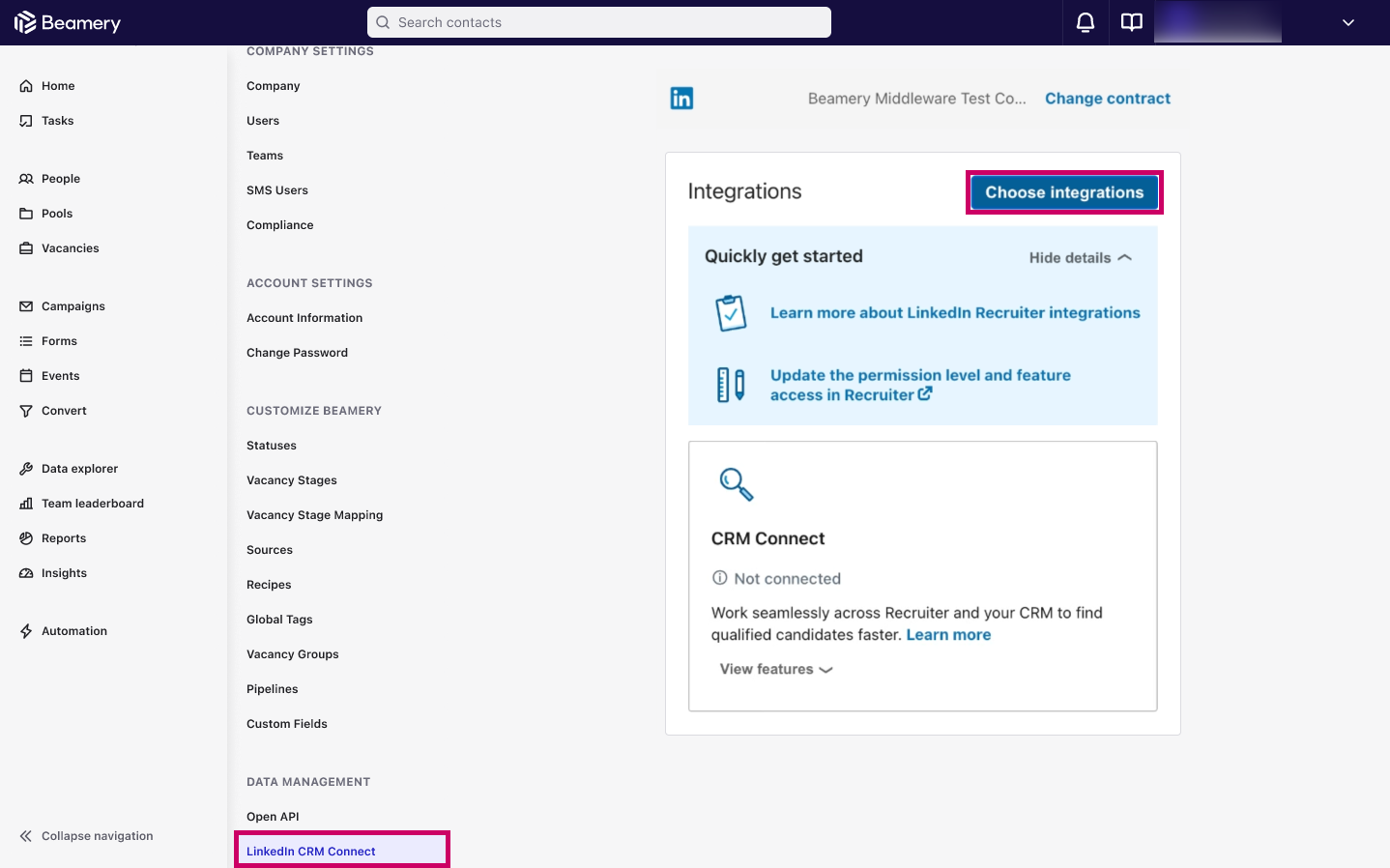 Paramètres de Beamery : LinkedIn sous Gestion des données et panneau des intégrations
